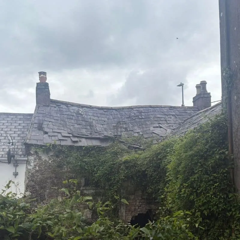 Collapsed rear roof on vacant property before roof restoration in Cork