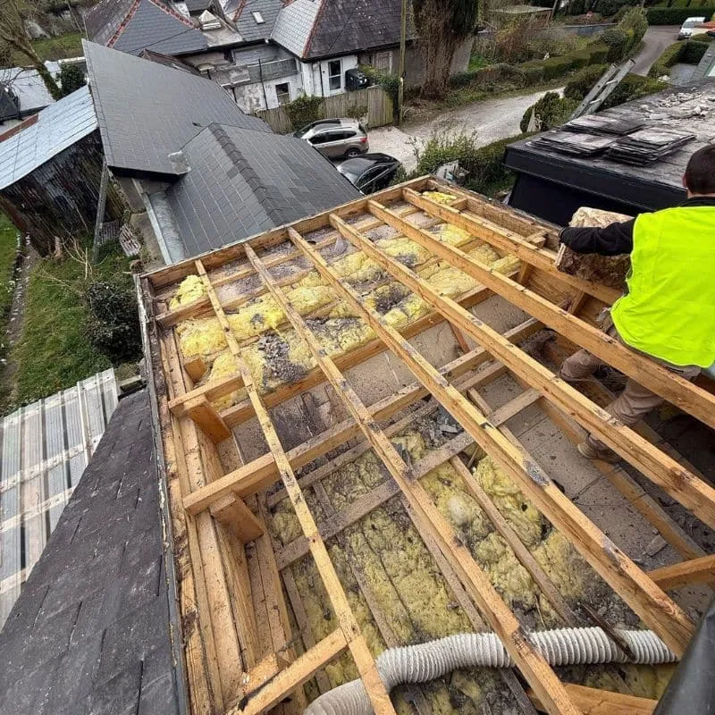 Dormer roof fully stripped for inspection after leaking membrane failure in Cork